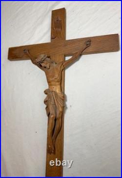Antique hand carved wood religious Jesus Christ crucifix cross sculpture God Antique hand carved wood religious Jesus Christ crucifix cross sculpture God
