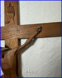 Antique hand carved wood religious Jesus Christ crucifix cross sculpture God Antique hand carved wood religious Jesus Christ crucifix cross sculpture God
