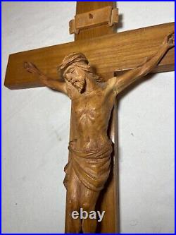 Antique hand carved wood religious Jesus Christ crucifix cross sculpture God