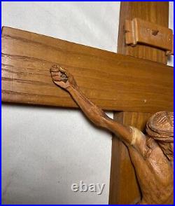 Antique hand carved wood religious Jesus Christ crucifix cross sculpture God