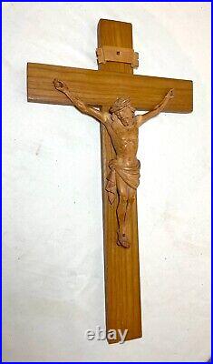 Antique hand carved wood religious Jesus Christ crucifix cross sculpture God