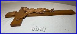 Antique hand carved wood religious Jesus Christ crucifix cross sculpture God