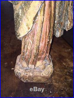 Antique hand carved wood religious statue Virgin Mary