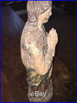 Antique hand carved wood religious statue Virgin Mary