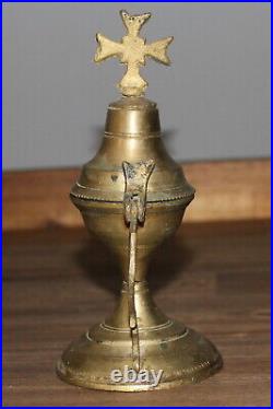 Antique hand made brass religious incense burner with cross icon lamp