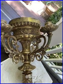 Antique heavy religious altar candleabra brass very ornate details