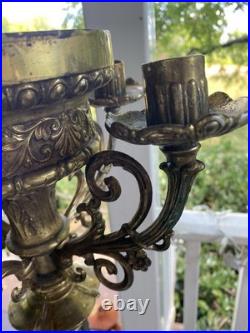 Antique heavy religious altar candleabra brass very ornate details