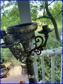 Antique heavy religious altar candleabra brass very ornate details