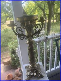 Antique heavy religious altar candleabra brass very ornate details