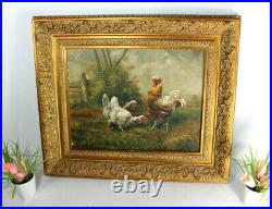 Antique henry schouten oil canvas chicken rooster painting signed