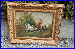 Antique henry schouten oil canvas chicken rooster painting signed