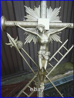 Antique large French brass Silver patinated Crucifix religious