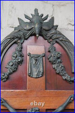 Antique large French bronze wood wall crucifix holy spirit bird religious