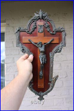 Antique large French bronze wood wall crucifix holy spirit bird religious