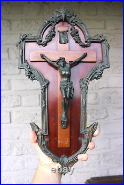 Antique large French bronze wood wall crucifix holy spirit bird religious Rare