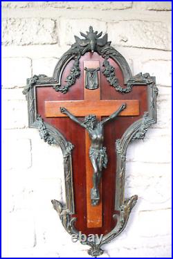 Antique large French bronze wood wall crucifix holy spirit bird religious Rare