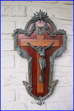 Antique large French bronze wood wall crucifix holy spirit bird religious Rare