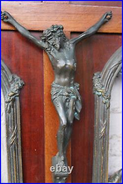 Antique large French bronze wood wall crucifix holy spirit bird religious Rare