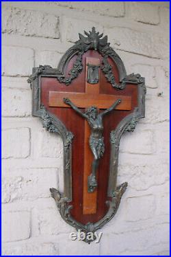 Antique large French bronze wood wall crucifix holy spirit bird religious Rare