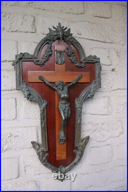 Antique large French bronze wood wall crucifix holy spirit bird religious Rare