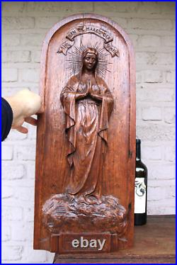 Antique large Wood carved panel relief our lady of banneux religious