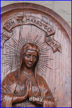 Antique large Wood carved panel relief our lady of banneux religious