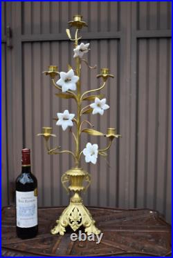 Antique large brass Religious candelabra candle holder opaline glass flower