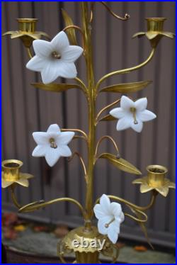 Antique large brass Religious candelabra candle holder opaline glass flower