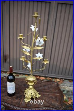Antique large brass Religious candelabra candle holder opaline glass flower