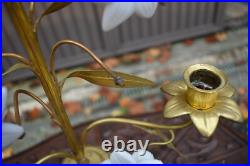 Antique large brass Religious candelabra candle holder opaline glass flower
