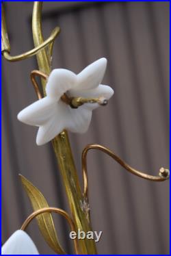 Antique large brass Religious candelabra candle holder opaline glass flower