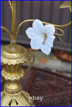 Antique large brass Religious candelabra candle holder opaline glass flower