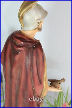 Antique large french religious chalkware statue saint bavo of ghent bird