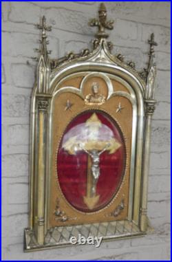 Antique large neo gothic wall crucifix globe glass plaque religious rare