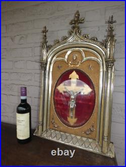 Antique large neo gothic wall crucifix globe glass plaque religious rare