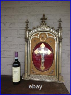 Antique large neo gothic wall crucifix globe glass plaque religious rare