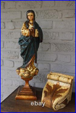Antique large wood carved italian madonna angels on console religious