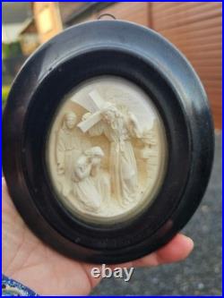 Antique meerschaum Christ carrying the Cross Wall plaque religious art 19thc