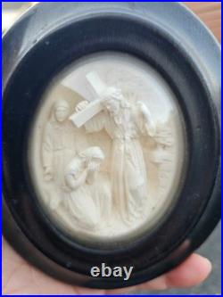 Antique meerschaum Christ carrying the Cross Wall plaque religious art 19thc