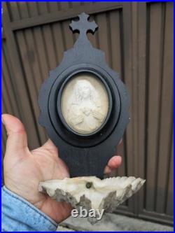 Antique meerschaum Immaculate heart Mary holy water font plaque religious
