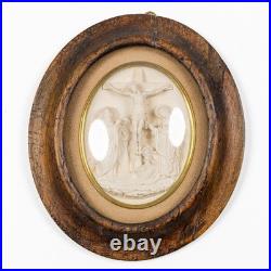 Antique meerschaum bas golgotha religious scene convex glass wall plaque 19thc