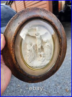 Antique meerschaum bas golgotha religious scene convex glass wall plaque 19thc