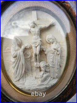 Antique meerschaum bas golgotha religious scene convex glass wall plaque 19thc