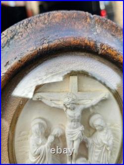 Antique meerschaum bas golgotha religious scene convex glass wall plaque 19thc