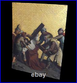 Antique mixed technic Descent from cross painting on copper Religious