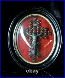 Antique napoleon III Crucifix leather framed behind convex glass religious