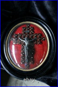 Antique napoleon III Crucifix leather framed behind convex glass religious
