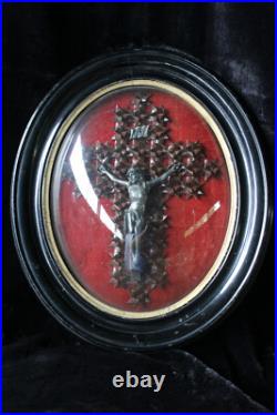 Antique napoleon III Crucifix leather framed behind convex glass religious