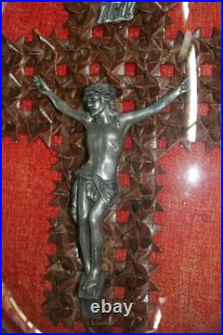 Antique napoleon III Crucifix leather framed behind convex glass religious