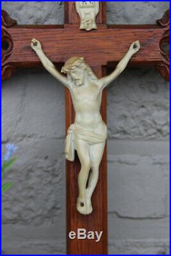 Antique neo gothic wood carved porcelain christ jesus cross religious crucifix